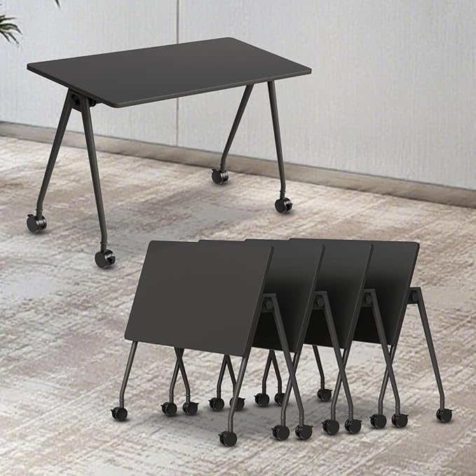 Folding Conference Table, Rectangular Conference Room Tables, Mobile Modular Training Table, Solid Steel Frame,Thickened Panel,for Offices,Meeting Room,Offices andSchools (4, A-Black, 55in)