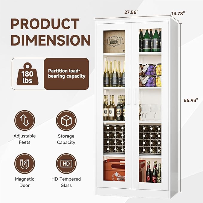 Display Storage Cabinet with Glass Door, 67 Inches Metal Curio Cabinet with 4 Adjustable Shelves, Lockable Glass Display Case for Home, Office, Clinic, Pantry, Assemble Required (White)