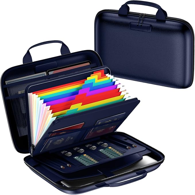 Fireproof Document Box, Hard Case Fireproof File Organizer Box with Lock and 13 Pocket Accordion File Folder, Portable Safe Box for Home Office Travel to Storage Important Documents Laptop Blue