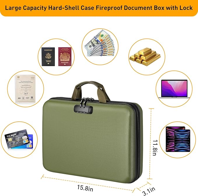 Fireproof Document Organizer with Lock, File Organizer Safe Box Fireproof Waterproof, Hard Shell Fire Proof Document Bag with 13 Pocket Accordion File Folders, Home Storage Office Organization