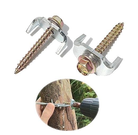 100 Pcs Fencing Fasteners Post Screw with Wire Fixer, Fence Staple for Wire Mesh and Woven Fencing, Quickly Install in Wood with Power Drill