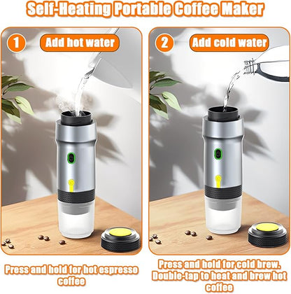 Portable Espresso Machine, 3-in-1 Self-Heating Portable Coffee Maker for Travel with Rechargeable Battery, Cordless Electric Mini Espresso Maker for RV Hiking Camping Office (Silver)