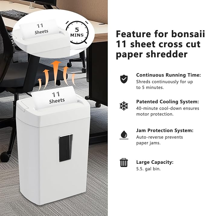 Bonsaii 11-Sheet Crosscut Paper Shredder, P-4 Security, 5-Min Run, Overheat Protection, 5.5-Gal Bin, Black/White