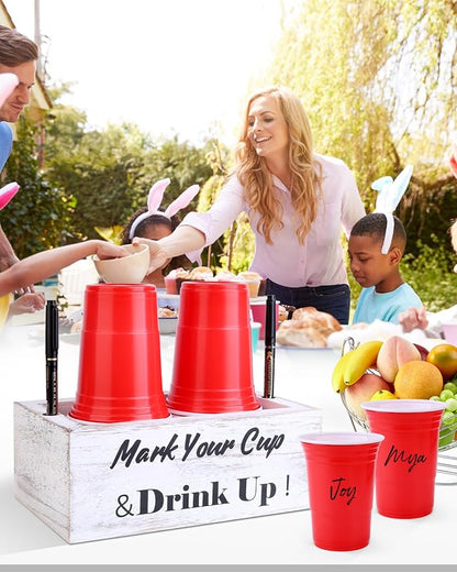 Wooden Cup Holder with Marker Slot, Disposable Cup Dispenser with Marker for Party, Family Gathering & Holiday Events