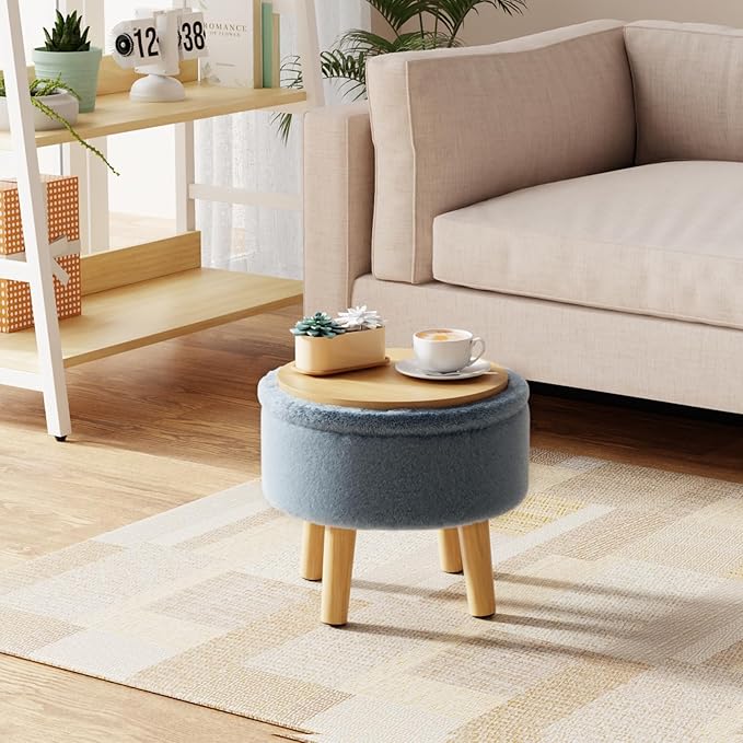 Poofzy Small Ottoman with Storage, Small Foot Stool Ottoman with Wood Legs, Faux Fur Foot Rest for Couch, Living Room and Bedroom - Smog Blue