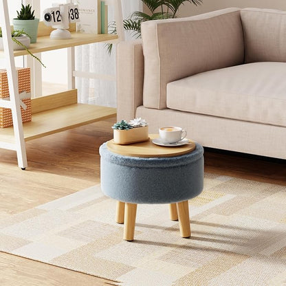 Poofzy Small Ottoman with Storage, Small Foot Stool Ottoman with Wood Legs, Faux Fur Foot Rest for Couch, Living Room and Bedroom - Smog Blue