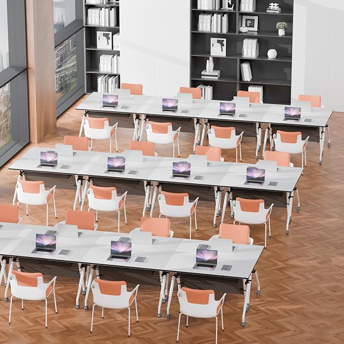 Conference Room Table, 55 Inch Folding Conference Tables with Wheels, Modern Office Meeting Table, Easy Flip & Nest Design, Rectangular Seminar Tables with Metal Frame for 2-24 People(H 6PCS)