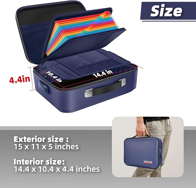 Fireproof Document Storage Box Hard Case With Lock, Multi-Layer Fire Proof Water Resistant Safe Box File Organizer Bag With Small Money Bag for Important Documents Passport Certificates Laptop (Blue)