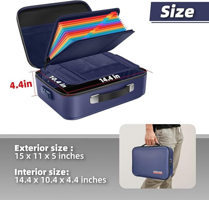 Fireproof Document Storage Box Hard Case With Lock, Multi-Layer Fire Proof Water Resistant Safe Box File Organizer Bag With Small Money Bag for Important Documents Passport Certificates Laptop (Blue)