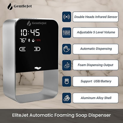 EliteJet Automatic Foaming Soap Dispenser Touchless - Wall Mount & Countertop, Aluminum Alloy Body, Automatic Soap Dispenser Touchless with Dual Power (USB/Battery), LED Display