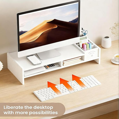 Desk Monitor Stand, 2-Tier Ergonomic Shelf, Black 4.3in Riser, Computer Screen Organizer, Laptop TV Holder, Work Table Storage, For Home Dorm Office Setup