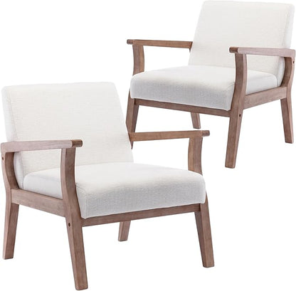 Wahson Comfy Living Room Chairs Set of 2, Linen Upholstered Accent Chairs, Farmhouse Armchairs with Natural Wood Frame, Oversized Decorative Chair for Bedroom, Beige