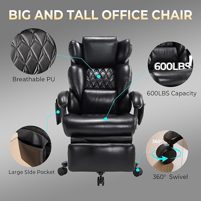 3-in-1 Massage Office Chair with Foot Rest 600LBS Big and Tall Office Chair with Massager and Heat for Heavy People, Reclining Executive Heavy Duty Office Chairs Desk Chairs Black