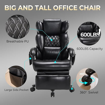 3-in-1 Massage Office Chair with Foot Rest 600LBS Big and Tall Office Chair with Massager and Heat for Heavy People, Reclining Executive Heavy Duty Office Chairs Desk Chairs Black