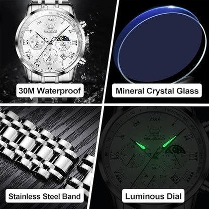 OLEVS Mens Stainless Steel Chronograph Watch, Big Face Roman Numerals Date Analog Quartz Dress Watches for Men, Fashion Multifunctional Waterproof Luminous Hands Men's Wristwatch