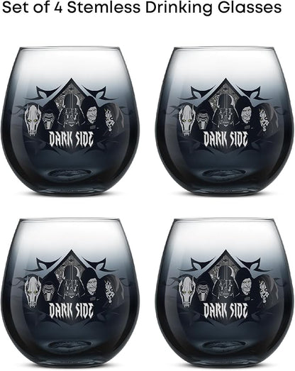 JoyJolt Star Wars Dark Side Stemless Drinking Glasses Set of 4, 15 oz Tumblers, Kitchen Glasses ft. General Grievous, Kylo Ren, Darth Vader, Emperor Palpatine, Darth Maul