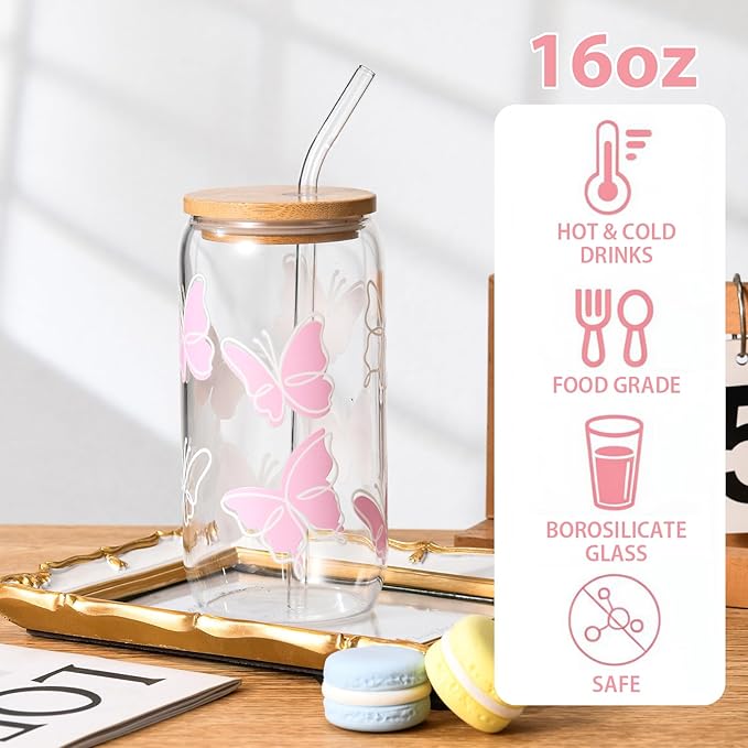 Butterfly Cute Glass Cups with Lids and Straws, Aesthetic Iced Coffee Cup, Girly Preppy Design Tumbler Mug, Birthday, Valentines, Teen Girl Gifts Trendy Stuff