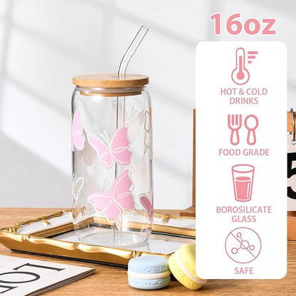 Butterfly Cute Glass Cups with Lids and Straws, Aesthetic Iced Coffee Cup, Girly Preppy Design Tumbler Mug, Birthday, Valentines, Teen Girl Gifts Trendy Stuff