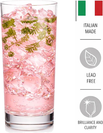 Godinger Highball Drinking Glasses, Italian Made Tall Glass Cups, Water Glasses Drinking Set, Cocktail Glasses - 14oz, Set of 4, Made In Italy