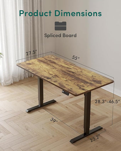 FEZIBO Standing Desk, 55×28 Inches Electric Height Adjustable, Sit Stand Up, Computer Office Desk with Splice Board, Black Frame/Rustic Brown TOP