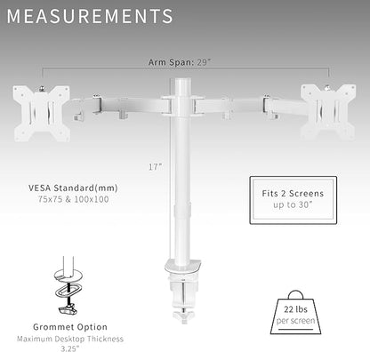 VIVO White Dual 13 to 27 inch LCD LED Monitor Desk Mount Stand with C-clamp and Bolt-Through Grommet, Heavy Duty Fully Adjustable Arms for 2 Screens STAND-V002W