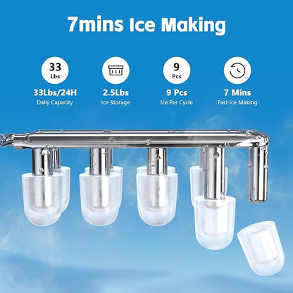 3 in 1 Water Cooler Dispenser with Ice Maker, Hot and Cold Water Dispenser for Home Office, 33lbs/24H, Top Loading 3 or 5 Gallon, Child Lock, Bullet Ice, White