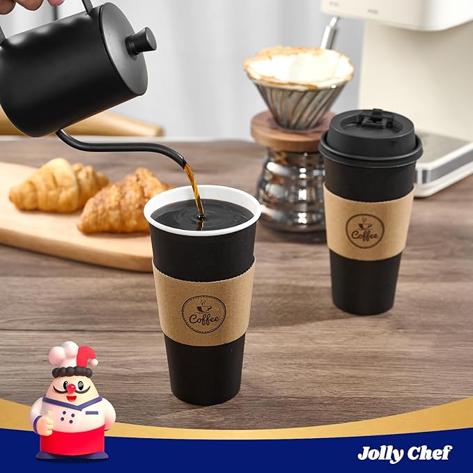 JOLLY CHEF 100 Count 20 oz Black Paper Coffee Cups with Lids, Sleeves and Stirrers for Home, Office, Kitchen, Cafes, Disposable Hot Paper Cups for all Kinds of Beverages