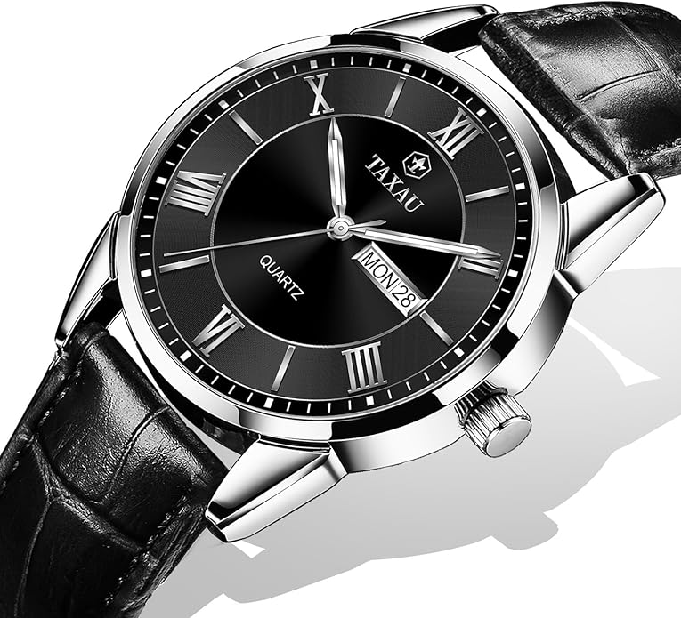 Men's Watch Big Face Easy Read Arabic Numeral Dress Watches for Men Classic Black Brown Leather Band Analog Mens Wrist Watch with Day and Date Fashion Business Waterproof Luminous Quartz Watch