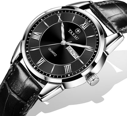 Men's Watch Big Face Easy Read Arabic Numeral Dress Watches for Men Classic Black Brown Leather Band Analog Mens Wrist Watch with Day and Date Fashion Business Waterproof Luminous Quartz Watch