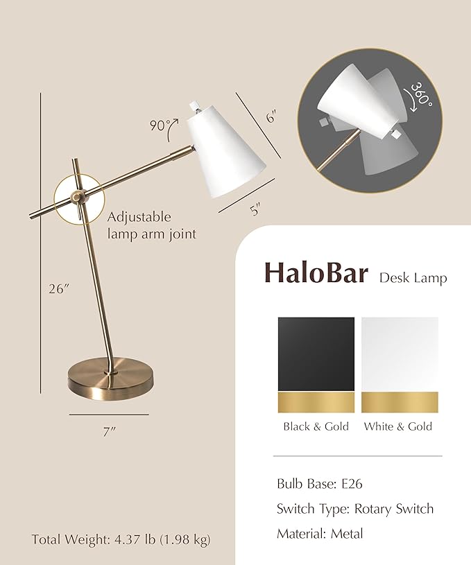 HarvestLand HaloBar Brass Desk Lamp Home Office – White Industrial Table Lamp with Solid Base for Office, Reading Lamps for Bedside Table, Study and Reading Task Lamp, Gifts for Adults