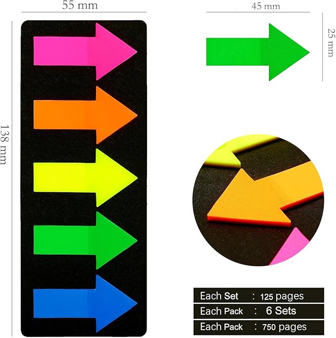 750 Pcs Large Arrow Sticky Page Markers Index Tabs,Repositionable,Writable Self Adhesive Tabs for Reading Books,Highlighting Information and Marking Document(5 Colors,6 Sets)