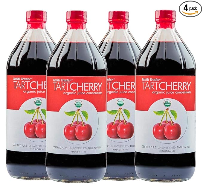 TAHITI TRADER Tart Cherry Juice Concentrate - Ready to Drink Organic Superfood Promoting Immune Support & Overall Health - Pure, Unsweetened Fruit Juice - (32 oz, 4 Pack)