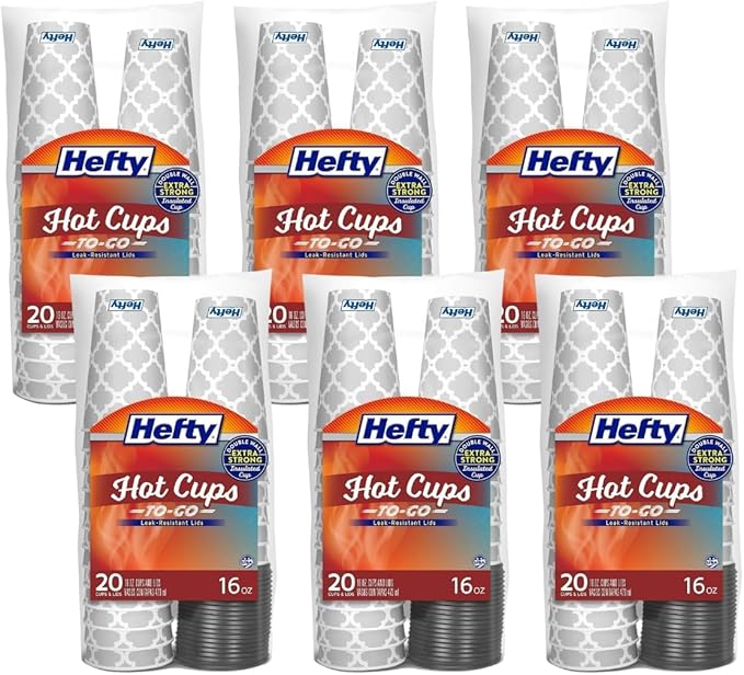 Hefty Paper Disposable Hot Cups with Lids, 16 Ounce, 20 CT (Pack of 6)