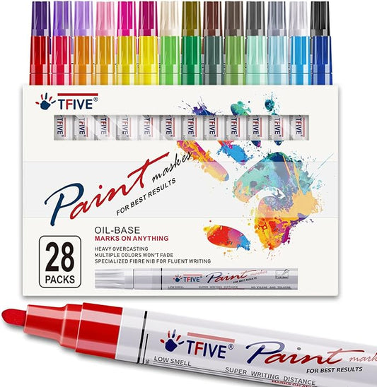 TFIVE Paint Markers Pens Set, 28 Color Oil-Based Permanent Paint Marker, Medium Tip, Quick Dry and Waterproof Pen for Rock Painting, Ceramic, Wood, Fabric, Plastic, Canvas, Glass, Mugs