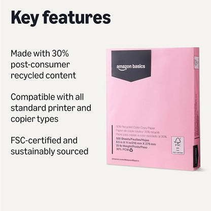 Amazon Basics 30% Recycled Color Copy Paper, 8.5" x 11", 20lb, 500 Sheets, Pastel Pink