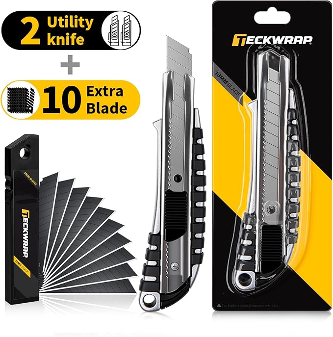 TECKWRAP Utility Knife, Retractable Box Cutter Heavy-Duty Razor Knife for Cardboard, Drywall, Vinyl, Leather, Crafts, Office & Home Use, Quick Change Blade Razor Knife, 2-Pack with 10 Extra Blades