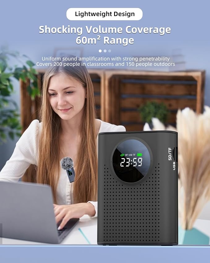 Rechargeable Voice Amplifier Wireless Microphone for Teachers Classroom, Mini Lavalier Lapel Mic Clip Magnetic, Portable Bluetooth Speaker with LED Display for Class, Tour Guide, Coaches, Black