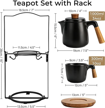 MIAMIO – 34 Oz Ceramic Tea Pot Set with Infuser and Cups/Tea Strainer, 4 Ceramic Tea Mugs (10 Oz), Bamboo Saucers/Handle for Home and Office (Black)