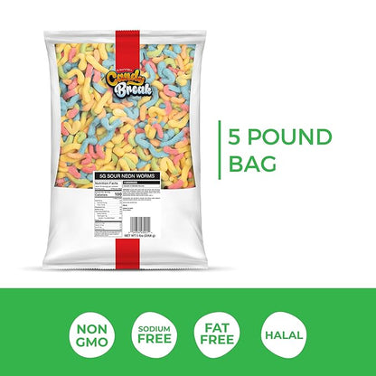 Candy Break Sour Neon Worms, Sour Gummy Candy, Chewy Gummies Candy, Snacks for Kids & Adults, 5 lbs Bulk Share Size Bag, Variety Pack of 1