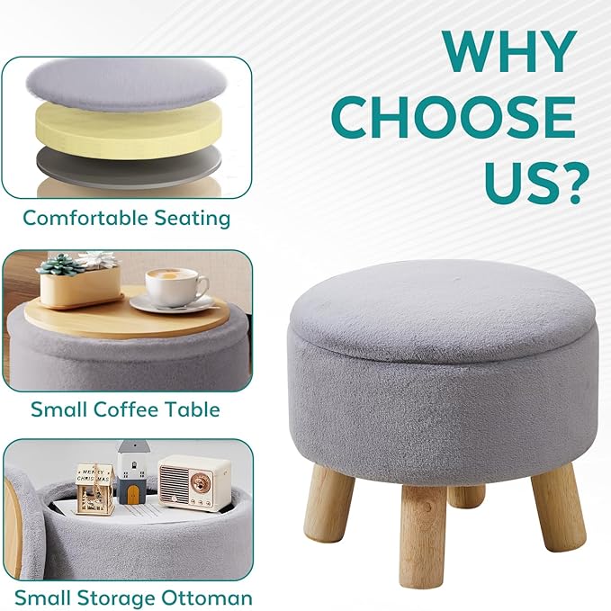 Small Foot Stool Ottoman with Storage, Faux Fur Ottoman Foot Rest for Couch, Round Footstool with Storage, Small Ottomans and Footstools for Living Room and Entryway (Gray)