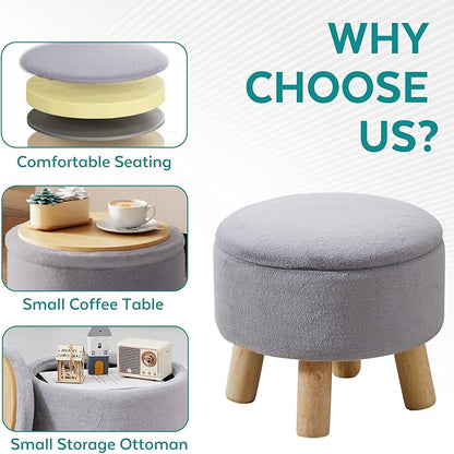 Small Foot Stool Ottoman with Storage, Faux Fur Ottoman Foot Rest for Couch, Round Footstool with Storage, Small Ottomans and Footstools for Living Room and Entryway (Gray)