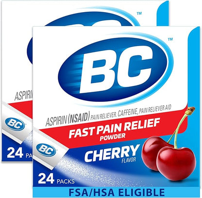 BC Powder Pain Reliever, Cherry Flavor Aspirin Dissolve Packs, 24 Count Powder Packets (2 Pack)