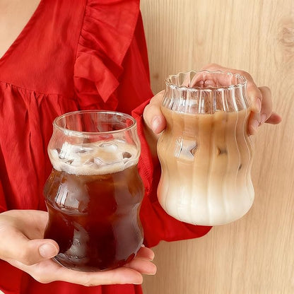 2 Pcs Ribbed Glass Cups, 18 oz Aesthetic Drinking Glasses for Coffee, Iced Drinks, Matcha - Wavy Design Glassware