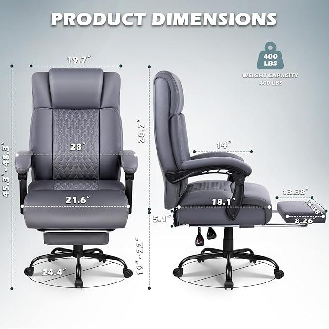 Big and Tall Office Chair with Foot Rest 400lbs, Heavy Duty Executive Leather Office Chair for Heavy People, Grey High Back Ergonomic Comfy Office Desk Chair with Lumbar Support and Footrest