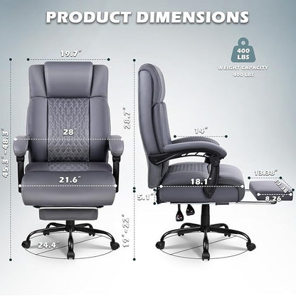 Big and Tall Office Chair with Foot Rest 400lbs, Heavy Duty Executive Leather Office Chair for Heavy People, Grey High Back Ergonomic Comfy Office Desk Chair with Lumbar Support and Footrest
