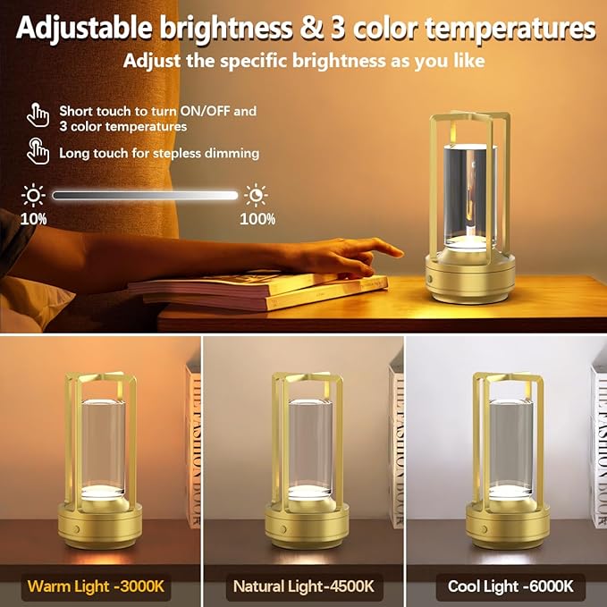 Cordless Portable Table Lamp Rechargeable for Indoor/Outdoor, 3000mAh Small Battery Powered Operated Lights, 3 Color Modes Dimmable Waterproof, LED Desk Lamp for Restaurant/Bedroom/Camping (Gold)