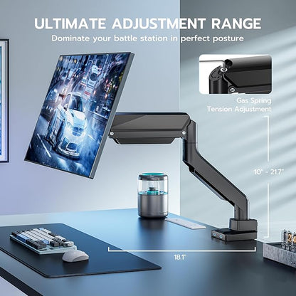 ARES WING Single Monitor Arm, Heavy Duty Adjustable Monitor Arm for 13"-49" Screens with USB, Gas Spring Desk Mount Stand with C Clamp/Grommet Mounting Base up to 40lbs Computer, Black