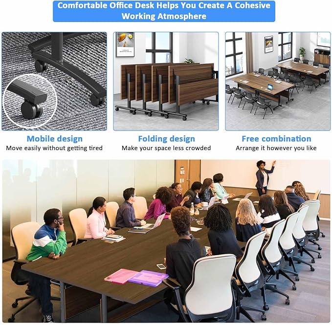 Folding Conference Room Tables,55" Flip Top Seminar Conference Tables,Foldable Meeting Table with Silent Wheels,Office Rolling Modular Meeting Room Table Mobile Training Tables (Walnut, 4 pack)