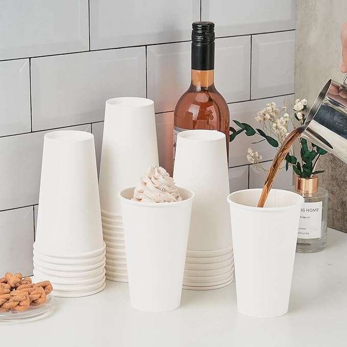 100 Pack Disposable Coffee Cups 16 oz, White Paper Cups, Hot Beverage Drinking Cups for Coffee, Water, Tea, Juice, Espresso