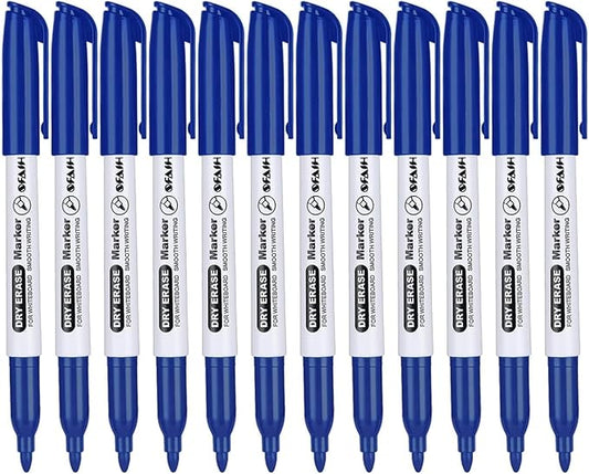 SFAIH Fine Tip Dry Erase Markers - 12 Pack Blue Whiteboard Erasable Markers Bulk for Kids Adults, Ideal for Classroom School Office Home Use on White Board, Non-Toxic Easy Clean